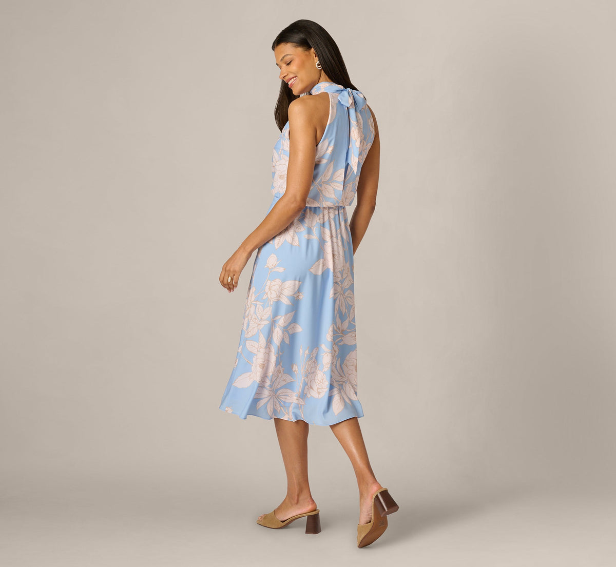 Floral Chiffon Blouson Halter Midi Dress - Blue Ivory | Adrianna Papell