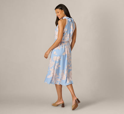 Floral Chiffon Blouson Halter Midi Dress - Blue Ivory | Adrianna Papell