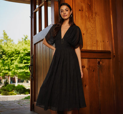 Dolman Sleeve Crinkle Organdy Ankle Length Dress - Black | Adrianna Papell
