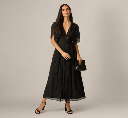 Dolman Sleeve Crinkle Organdy Ankle Length Dress - Black | Adrianna Papell