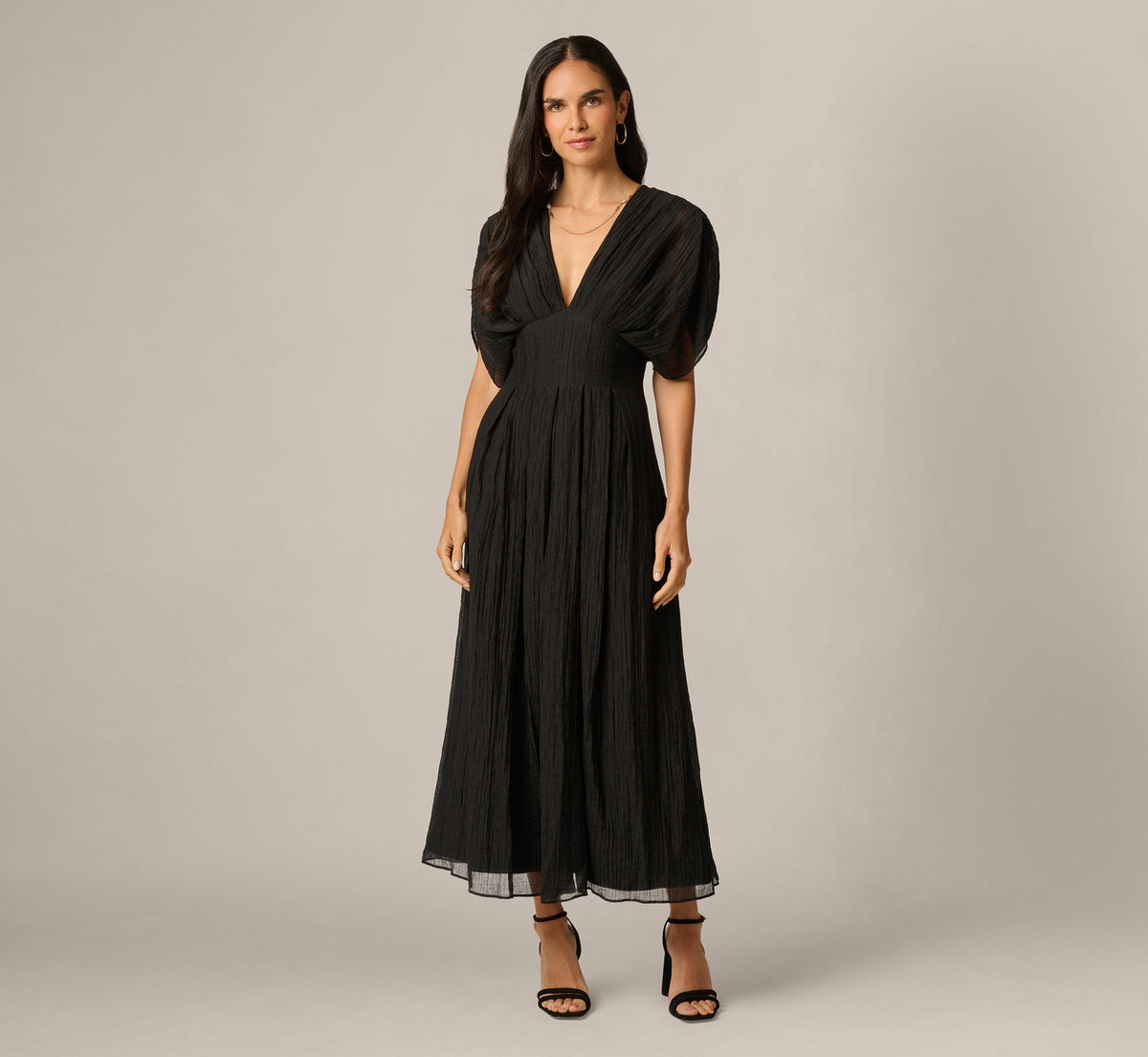 Dolman Sleeve Crinkle Organdy Ankle Length Dress - Black | Adrianna Papell