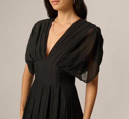 Dolman Sleeve Crinkle Organdy Ankle Length Dress - Black | Adrianna Papell
