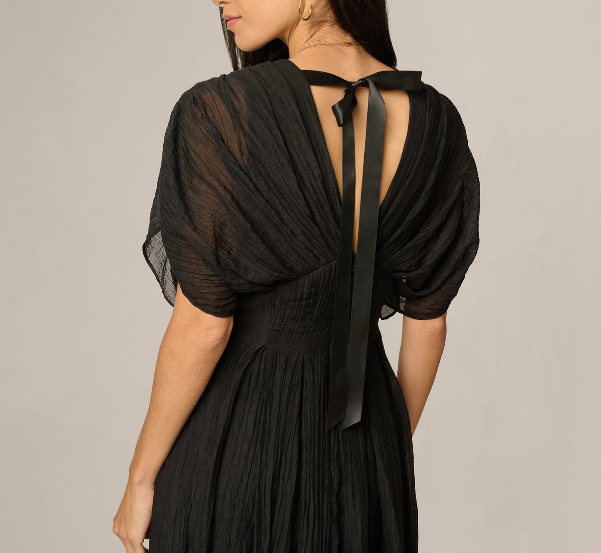 Dolman Sleeve Crinkle Organdy Ankle Length Dress - Black | Adrianna Papell