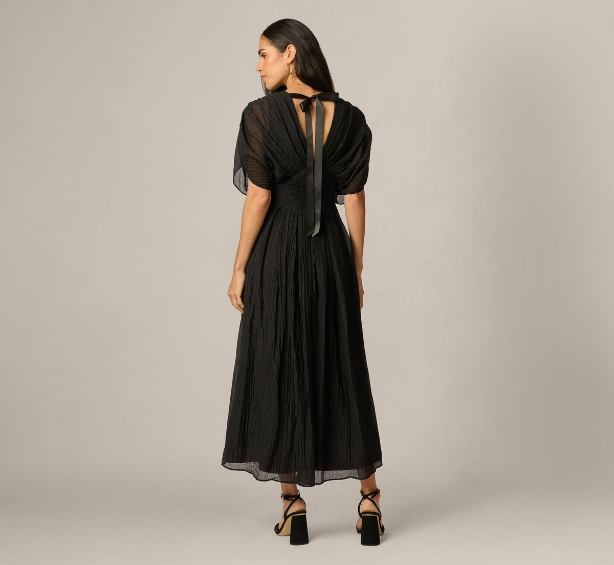 Dolman Sleeve Crinkle Organdy Ankle Length Dress - Black | Adrianna Papell