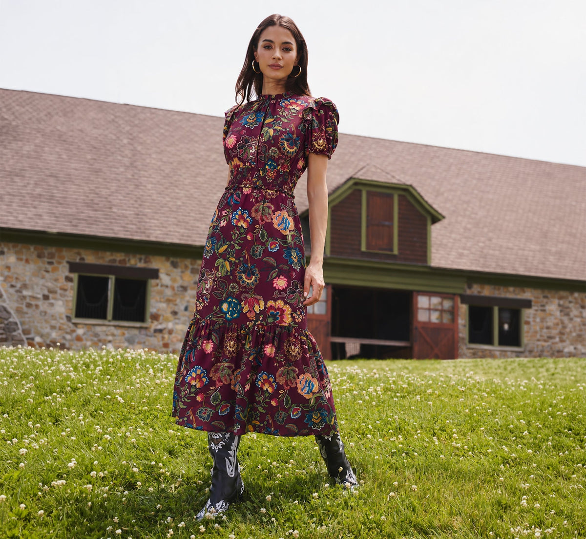 Puff Sleeve Floral Midi Flounce Dress - Burgundy Multi | Adrianna Papell