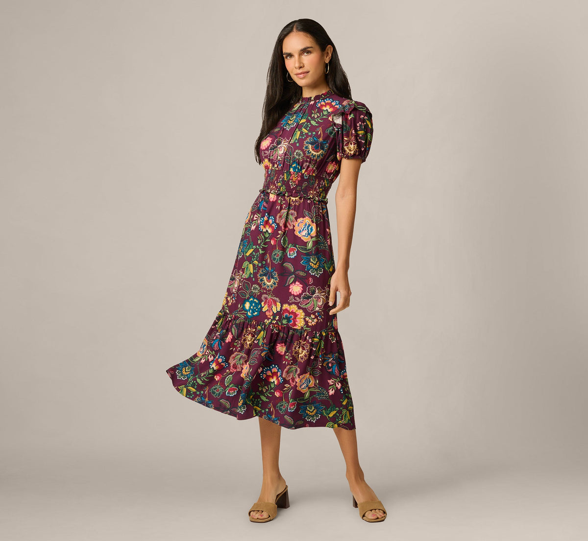Puff Sleeve Floral Midi Flounce Dress - Burgundy Multi | Adrianna Papell