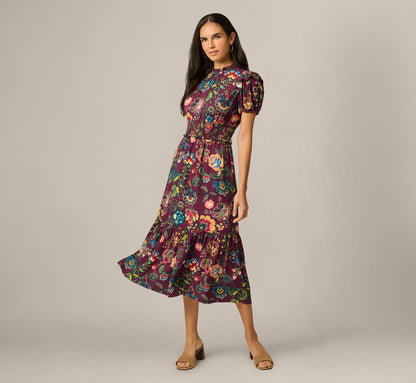 Puff Sleeve Floral Midi Flounce Dress - Burgundy Multi | Adrianna Papell