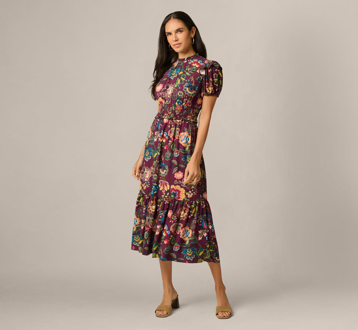 Puff Sleeve Floral Midi Flounce Dress - Burgundy Multi | Adrianna Papell