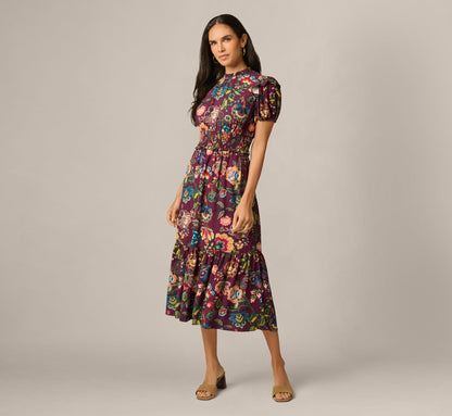 Puff Sleeve Floral Midi Flounce Dress - Burgundy Multi | Adrianna Papell