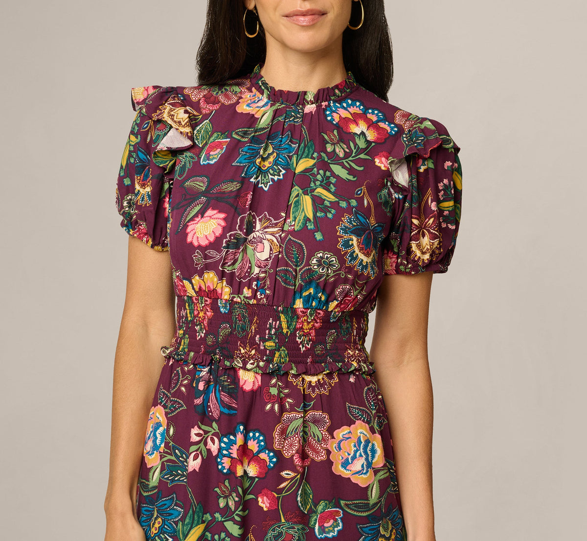 Puff Sleeve Floral Midi Flounce Dress - Burgundy Multi | Adrianna Papell