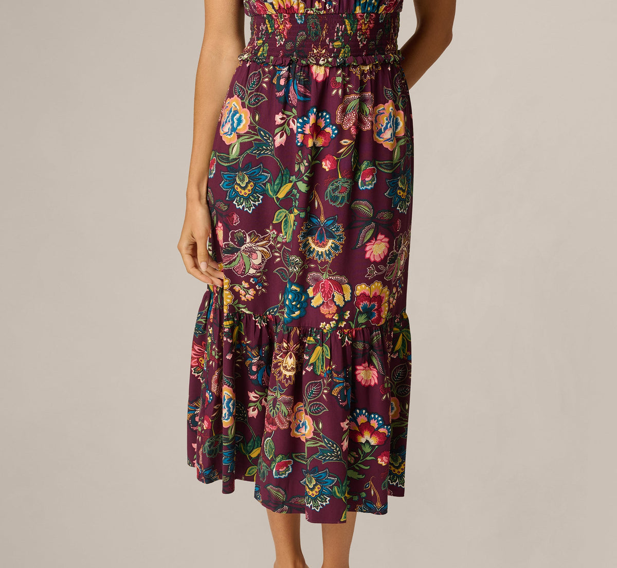 Puff Sleeve Floral Midi Flounce Dress - Burgundy Multi | Adrianna Papell