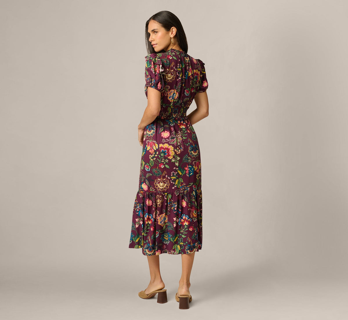 Puff Sleeve Floral Midi Flounce Dress - Burgundy Multi | Adrianna Papell
