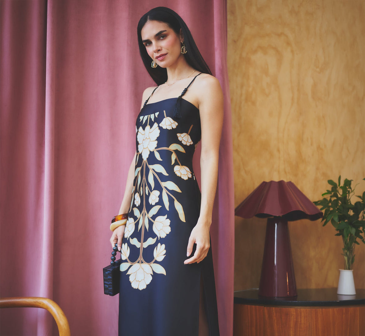 Floral Printed Satin Midi Slip Dress - Black Multi | Adrianna Papell