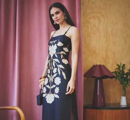 Floral Printed Satin Midi Slip Dress - Black Multi | Adrianna Papell