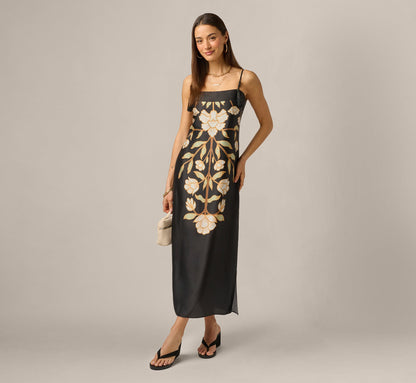 Floral Printed Satin Midi Slip Dress - Black Multi | Adrianna Papell