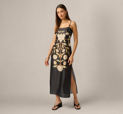 Floral Printed Satin Midi Slip Dress - Black Multi | Adrianna Papell