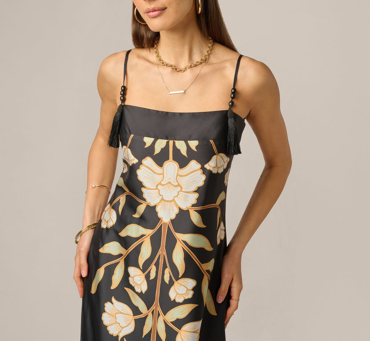 Floral Printed Satin Midi Slip Dress - Black Multi | Adrianna Papell