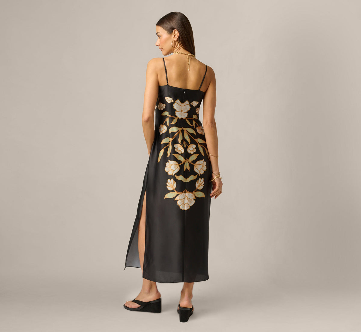 Floral Printed Satin Midi Slip Dress - Black Multi | Adrianna Papell