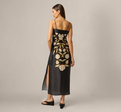 Floral Printed Satin Midi Slip Dress - Black Multi | Adrianna Papell
