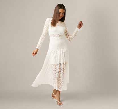 Long Sleeve Stretch Lace Illusion Midi Dress - Ivory | Adrianna Papell