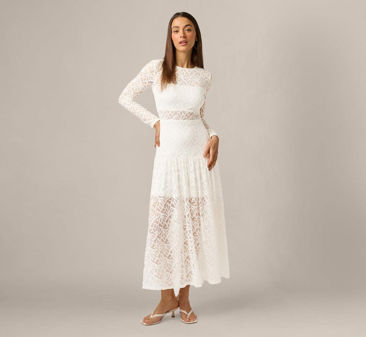 Long Sleeve Stretch Lace Illusion Midi Dress - Ivory | Adrianna Papell