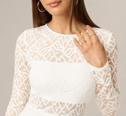 Long Sleeve Stretch Lace Illusion Midi Dress - Ivory | Adrianna Papell