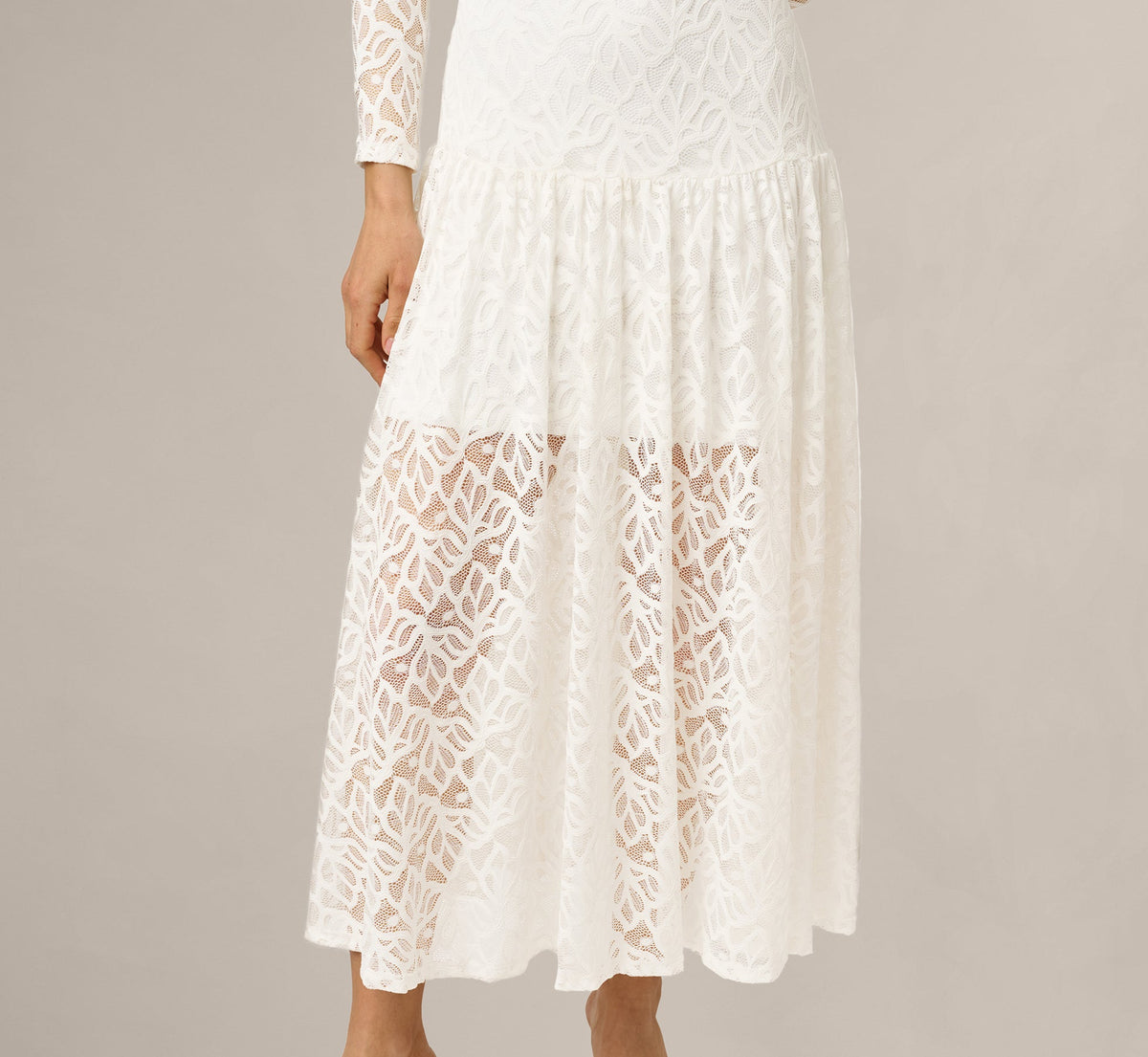 Long Sleeve Stretch Lace Illusion Midi Dress - Ivory | Adrianna Papell