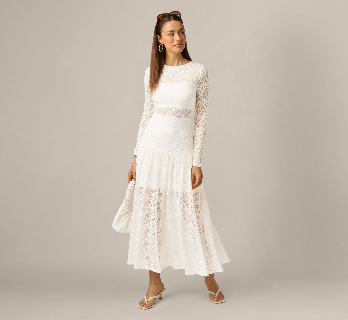 Long Sleeve Stretch Lace Illusion Midi Dress - Ivory | Adrianna Papell