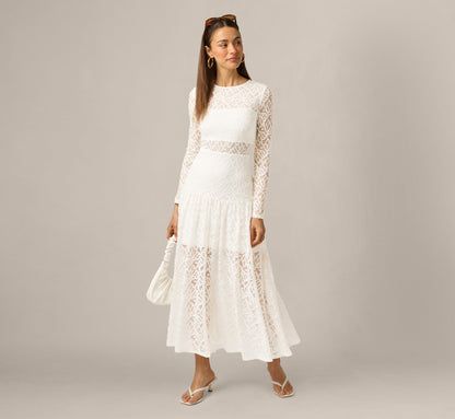 Long Sleeve Stretch Lace Illusion Midi Dress - Ivory | Adrianna Papell
