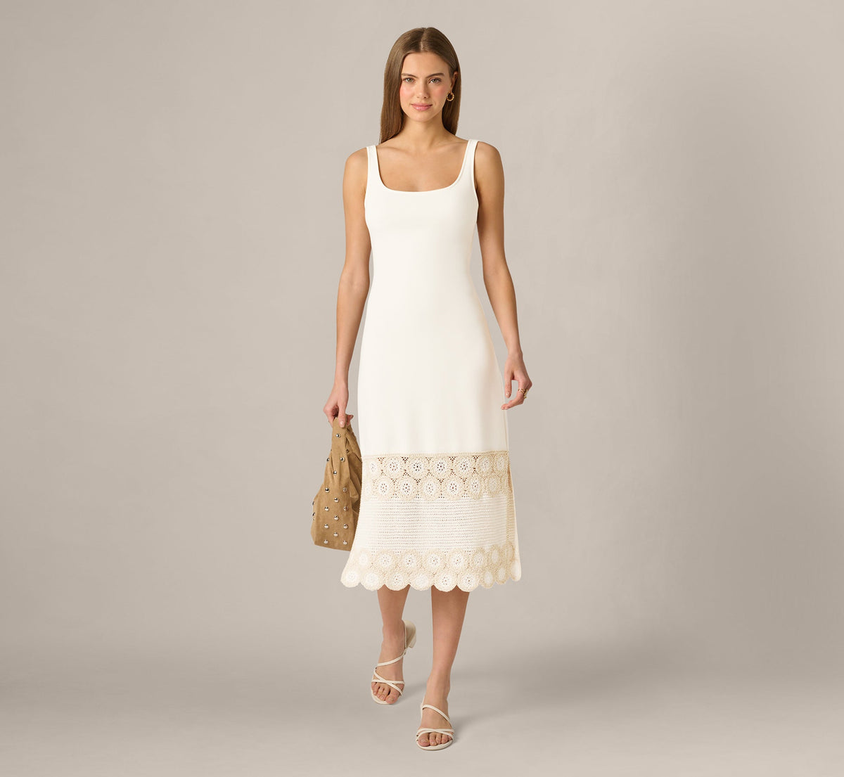 Crochet Trimmed Sheath Midi Dress With Tank Straps - Ivory | Adrianna Papell