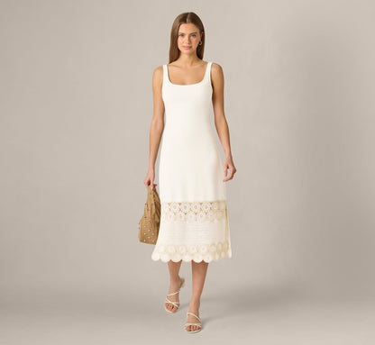 Crochet Trimmed Sheath Midi Dress With Tank Straps - Ivory | Adrianna Papell