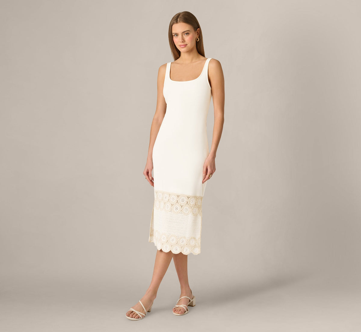 Crochet Trimmed Sheath Midi Dress With Tank Straps - Ivory | Adrianna Papell