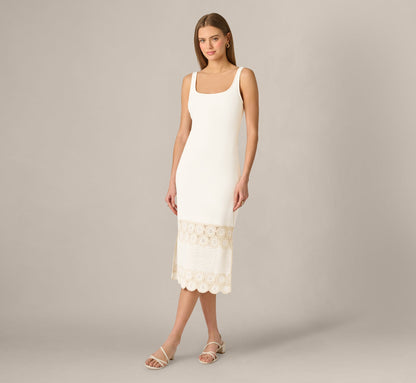 Crochet Trimmed Sheath Midi Dress With Tank Straps - Ivory | Adrianna Papell