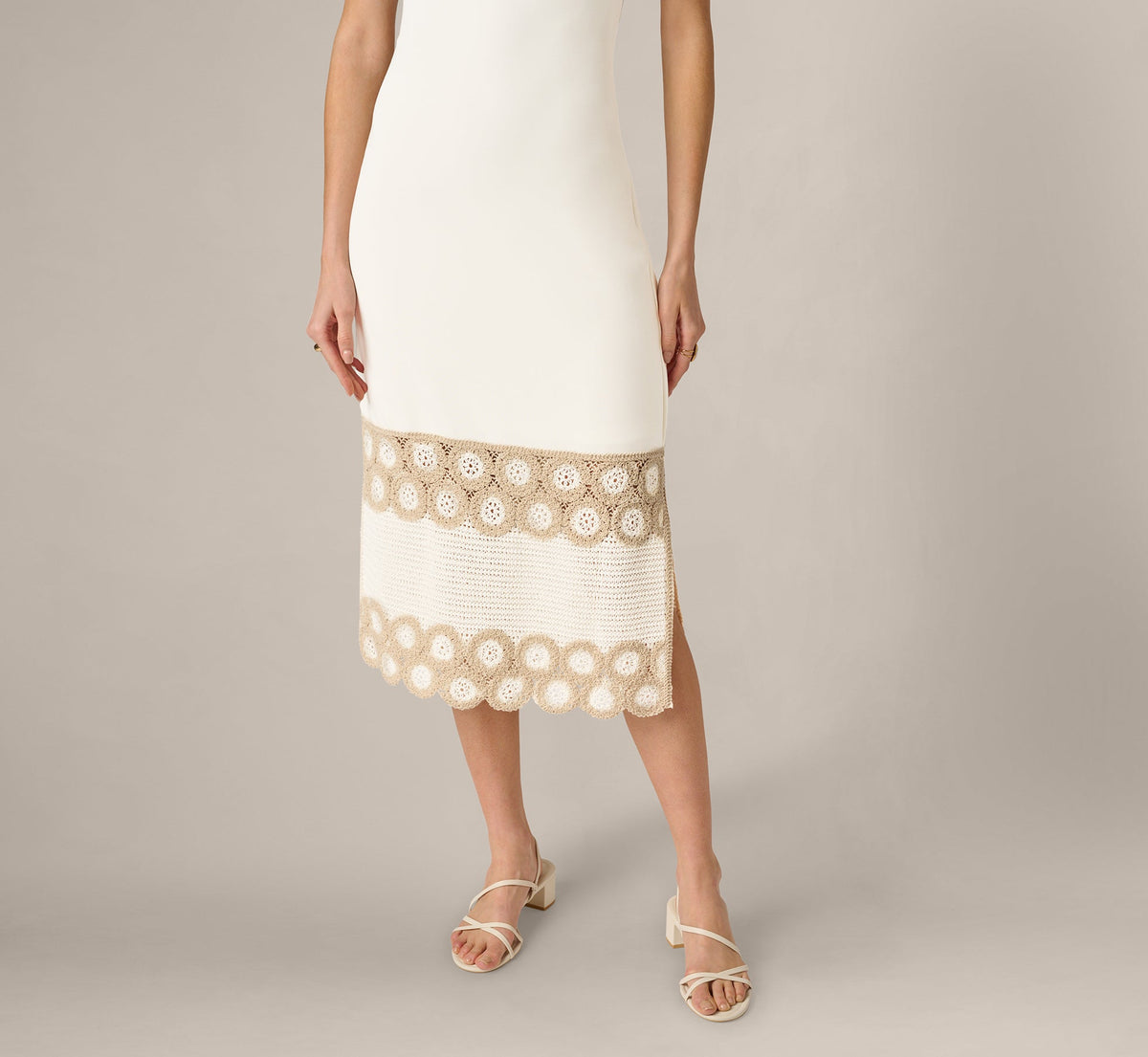 Crochet Trimmed Sheath Midi Dress With Tank Straps - Ivory | Adrianna Papell