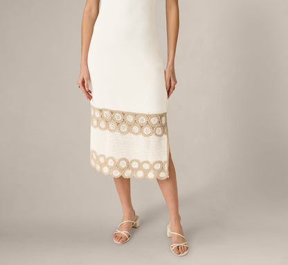 Crochet Trimmed Sheath Midi Dress With Tank Straps - Ivory | Adrianna Papell