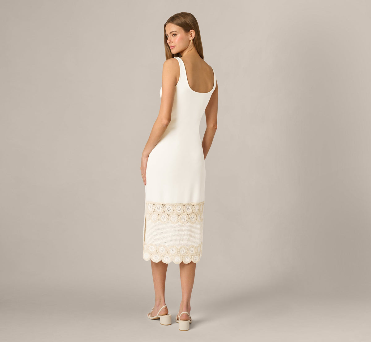 Crochet Trimmed Sheath Midi Dress With Tank Straps - Ivory | Adrianna Papell