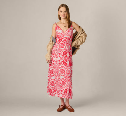 Crochet Trim Ikat Print Midi Sundress - Red Blue | Adrianna Papell