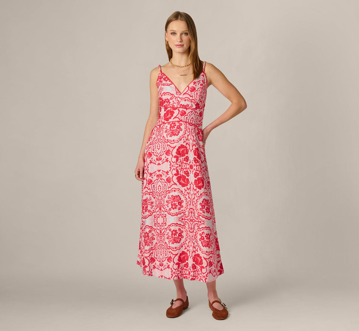 Crochet Trim Ikat Print Midi Sundress - Red Blue | Adrianna Papell