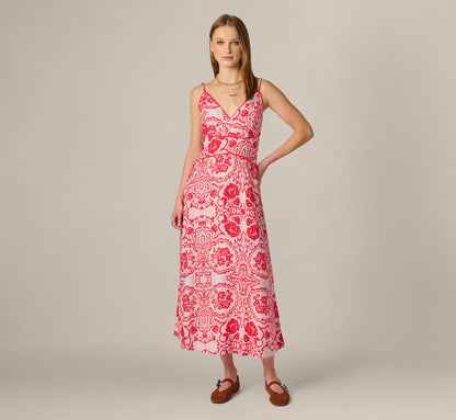 Crochet Trim Ikat Print Midi Sundress - Red Blue | Adrianna Papell