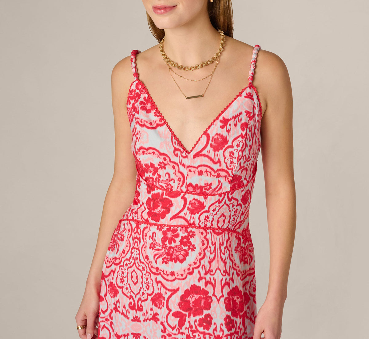 Crochet Trim Ikat Print Midi Sundress - Red Blue | Adrianna Papell