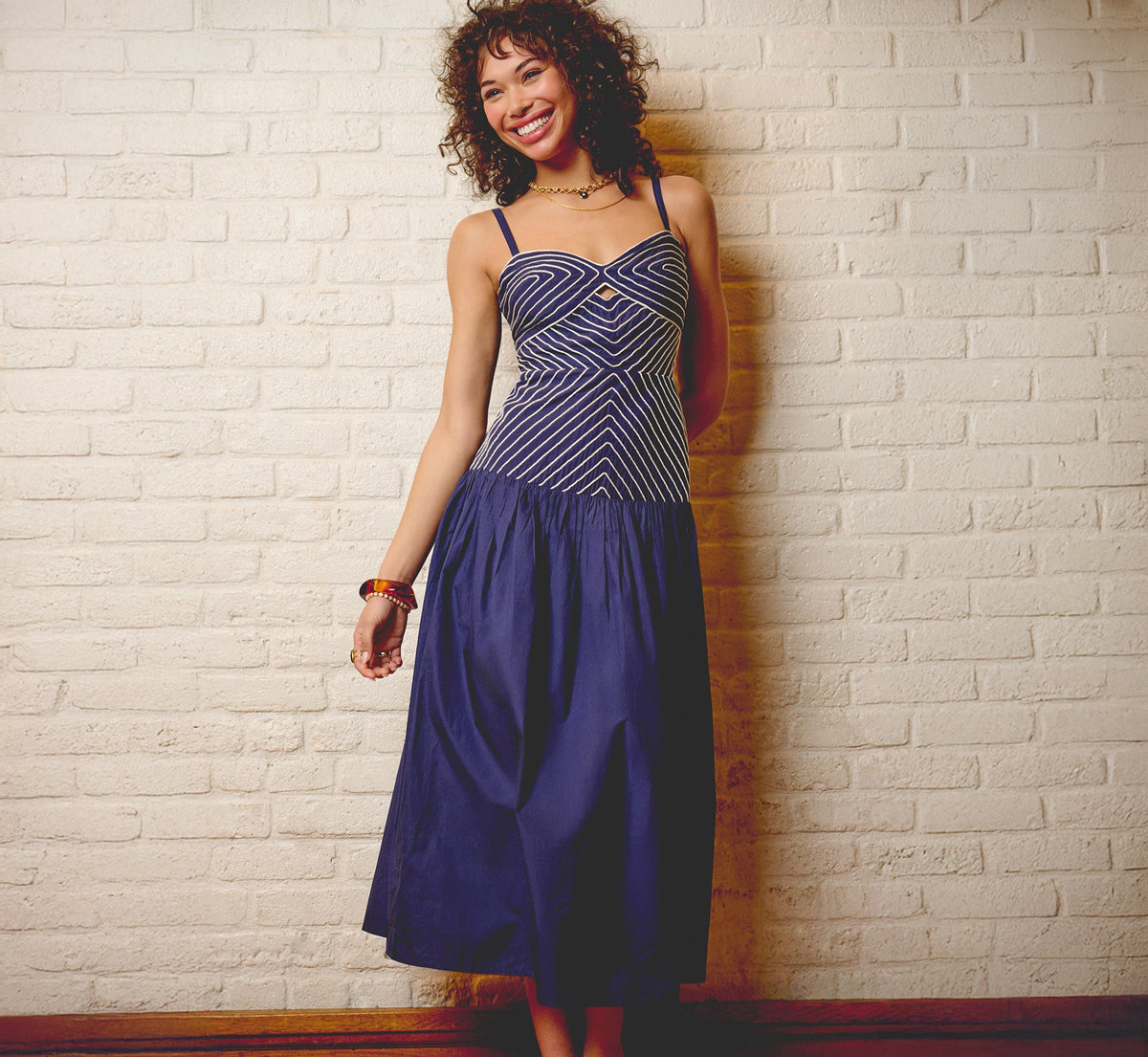 Drop Waist Chevron Cotton Midi Sundress - Navy Ivory | Adrianna Papell