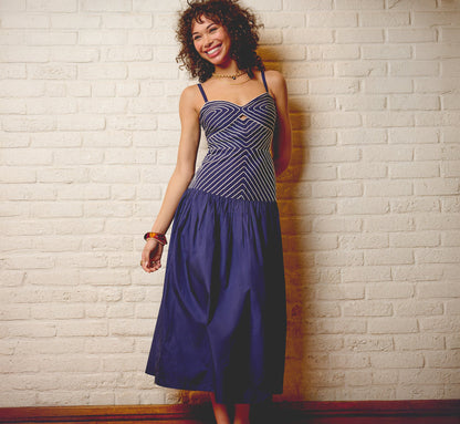 Drop Waist Chevron Cotton Midi Sundress - Navy Ivory | Adrianna Papell