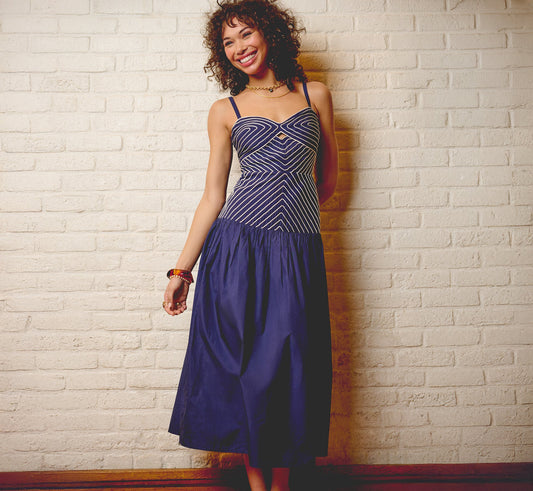 Drop Waist Chevron Cotton Midi Sundress - Navy Ivory | Adrianna Papell