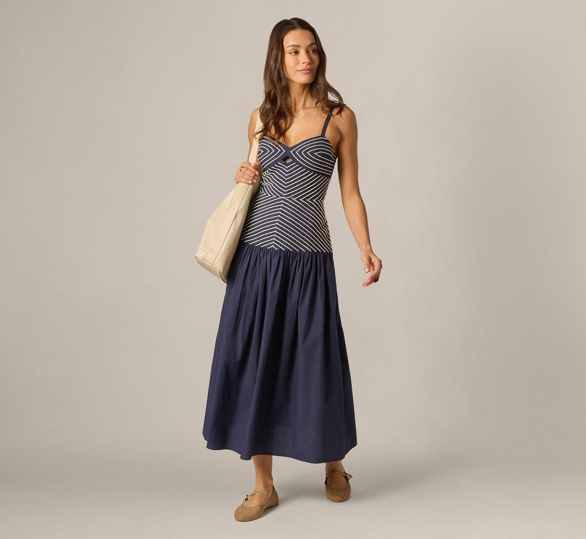 Drop Waist Chevron Cotton Midi Sundress - Navy Ivory | Adrianna Papell