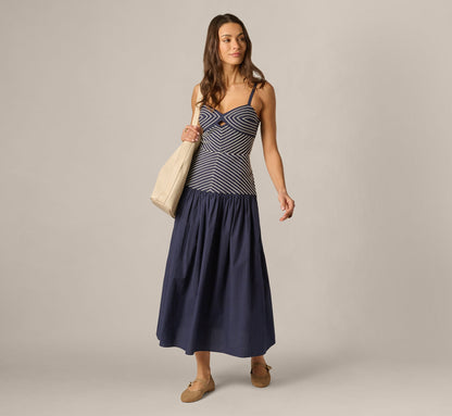 Drop Waist Chevron Cotton Midi Sundress - Navy Ivory | Adrianna Papell