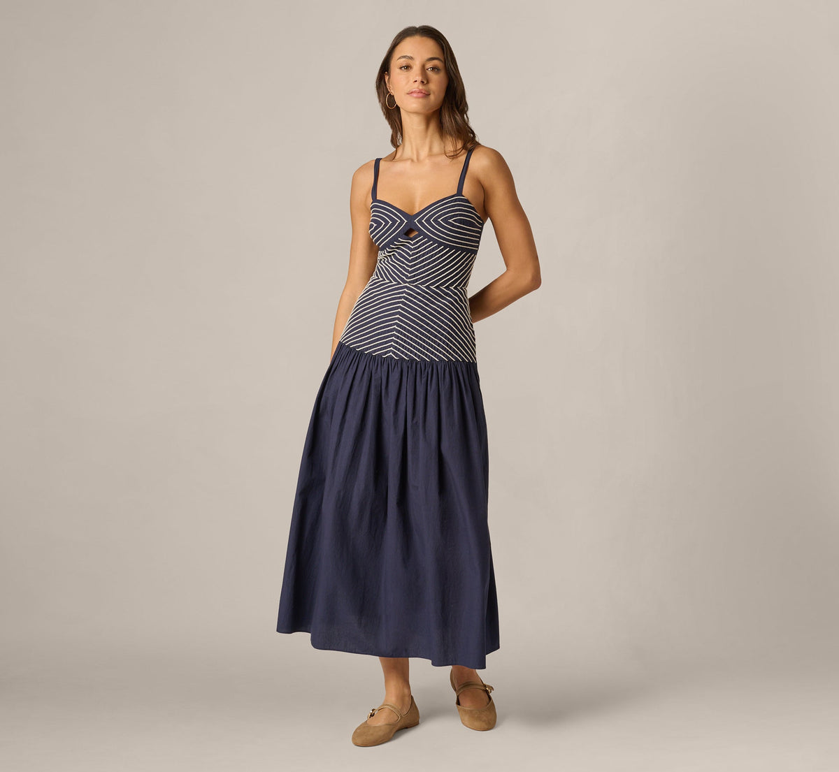 Drop Waist Chevron Cotton Midi Sundress - Navy Ivory | Adrianna Papell