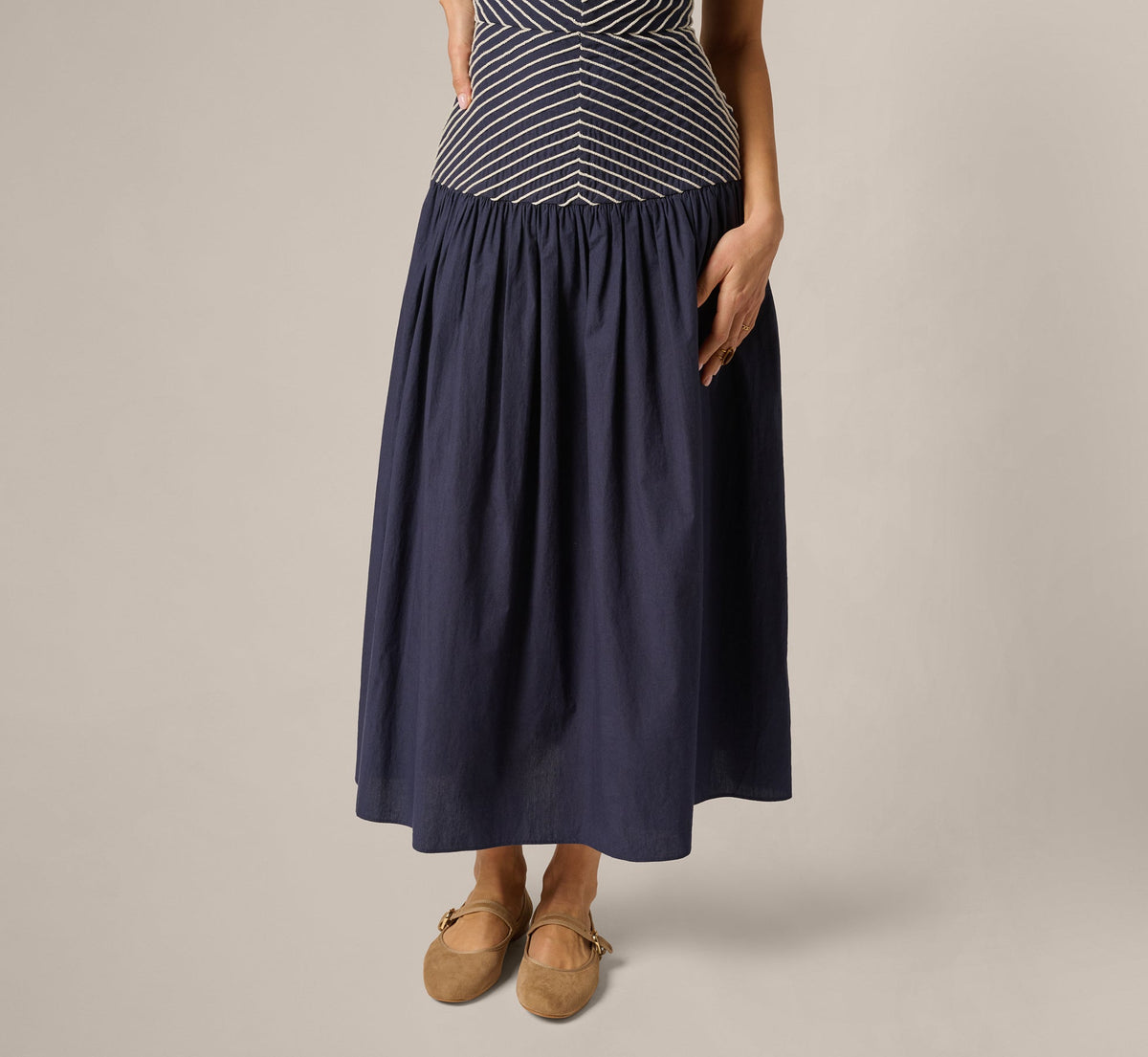 Drop Waist Chevron Cotton Midi Sundress - Navy Ivory | Adrianna Papell
