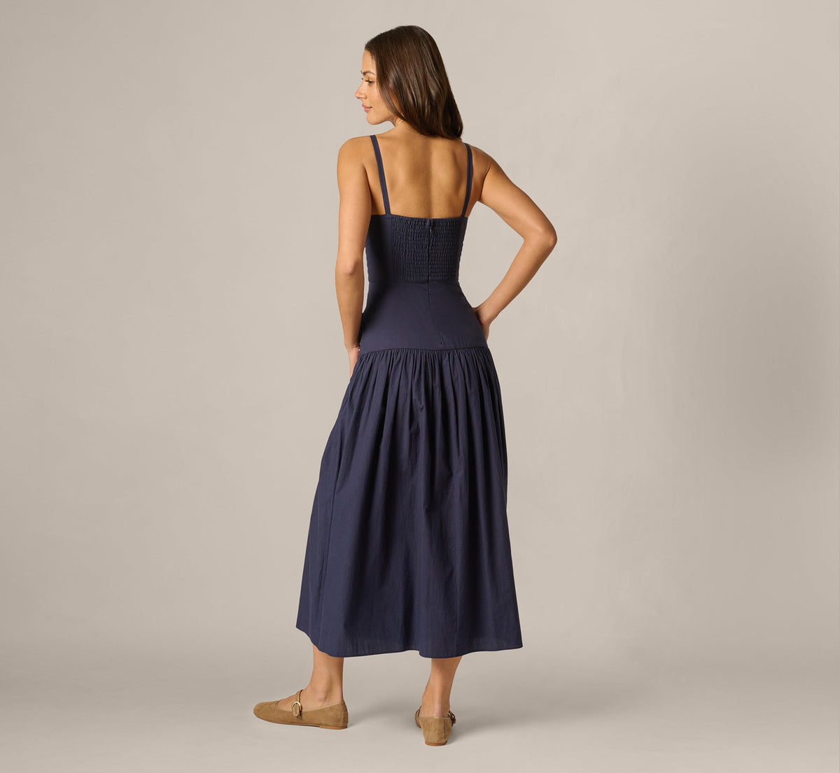 Drop Waist Chevron Cotton Midi Sundress - Navy Ivory | Adrianna Papell