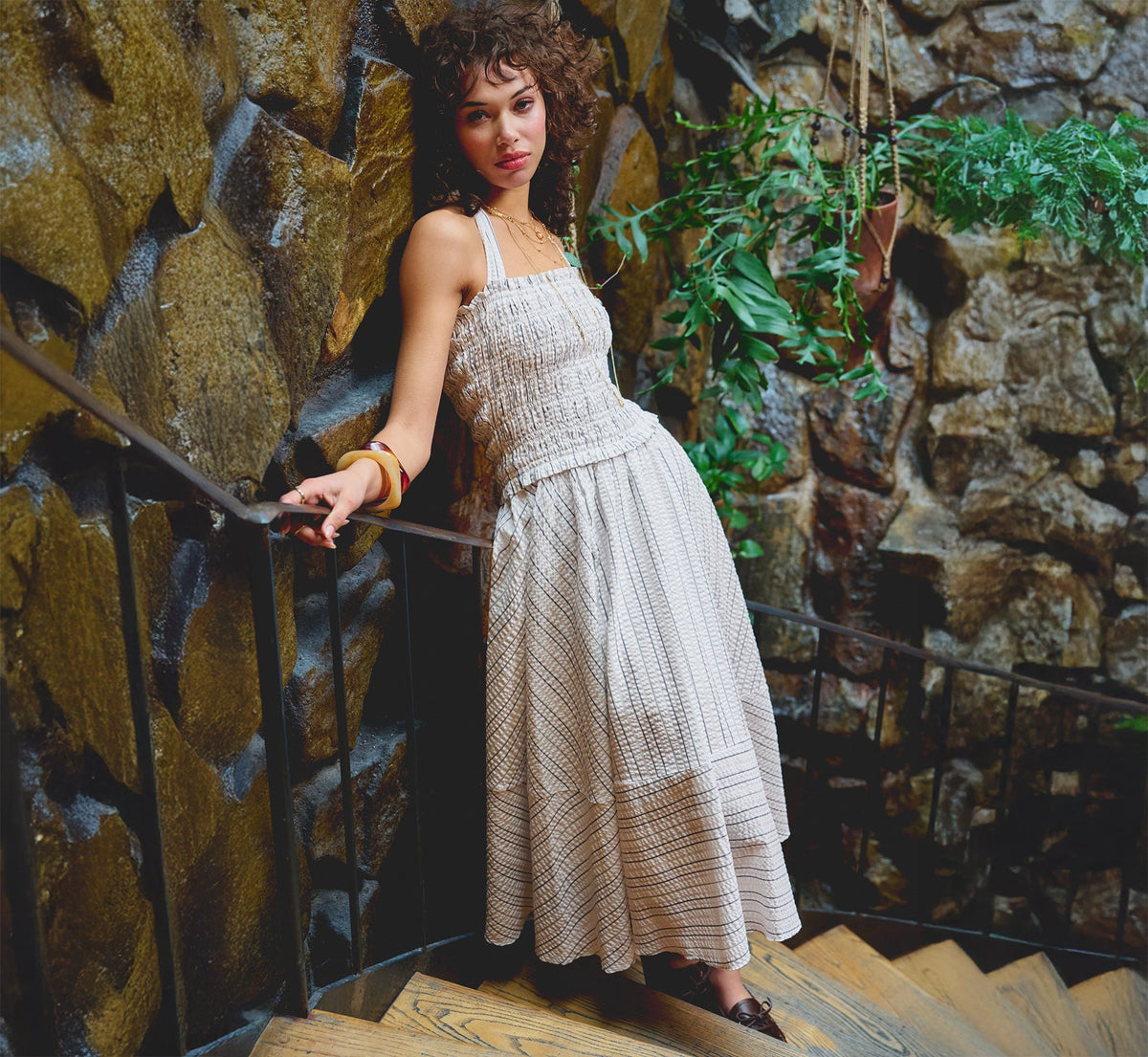 Smocked Seersucker Halter Midi Dress - Ivory Multi | Adrianna Papell