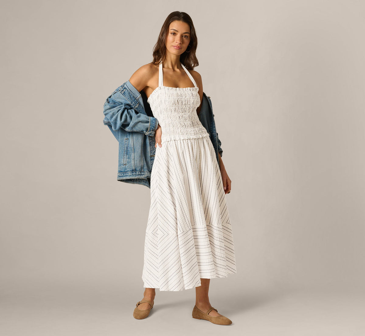 Smocked Seersucker Halter Midi Dress - Ivory Multi | Adrianna Papell